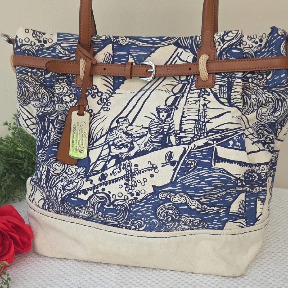 Lauren Ralph Lauren Nautical Sailors Canvas Leather Crossbody Satchel Purse Bag - Picture 4 of 14
